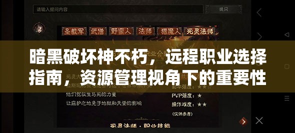暗黑破坏神不朽，远程职业选择指南，资源管理视角下的重要性及策略推荐