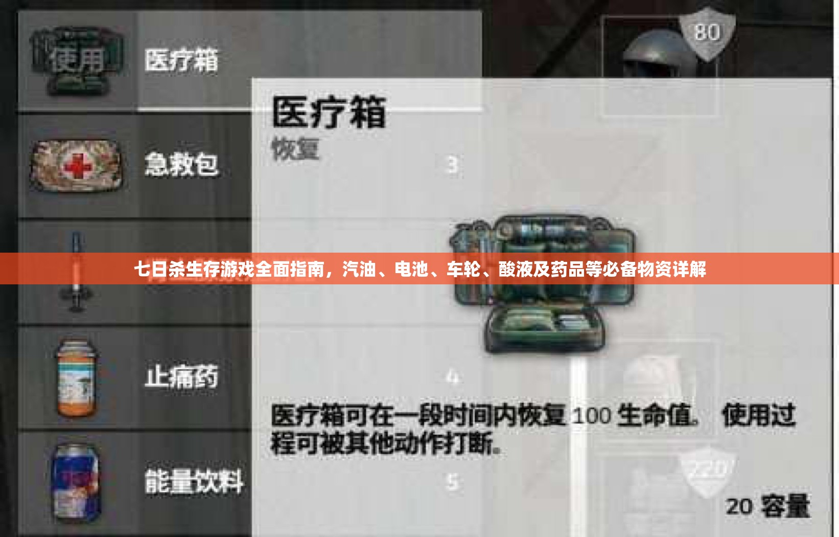 七日杀生存游戏全面指南，汽油、电池、车轮、酸液及药品等必备物资详解