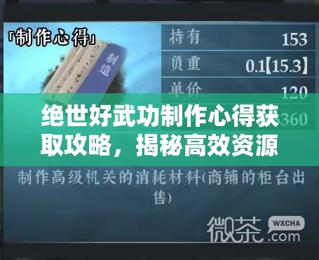 绝世好武功制作心得获取攻略，揭秘高效资源管理的艺术与技巧